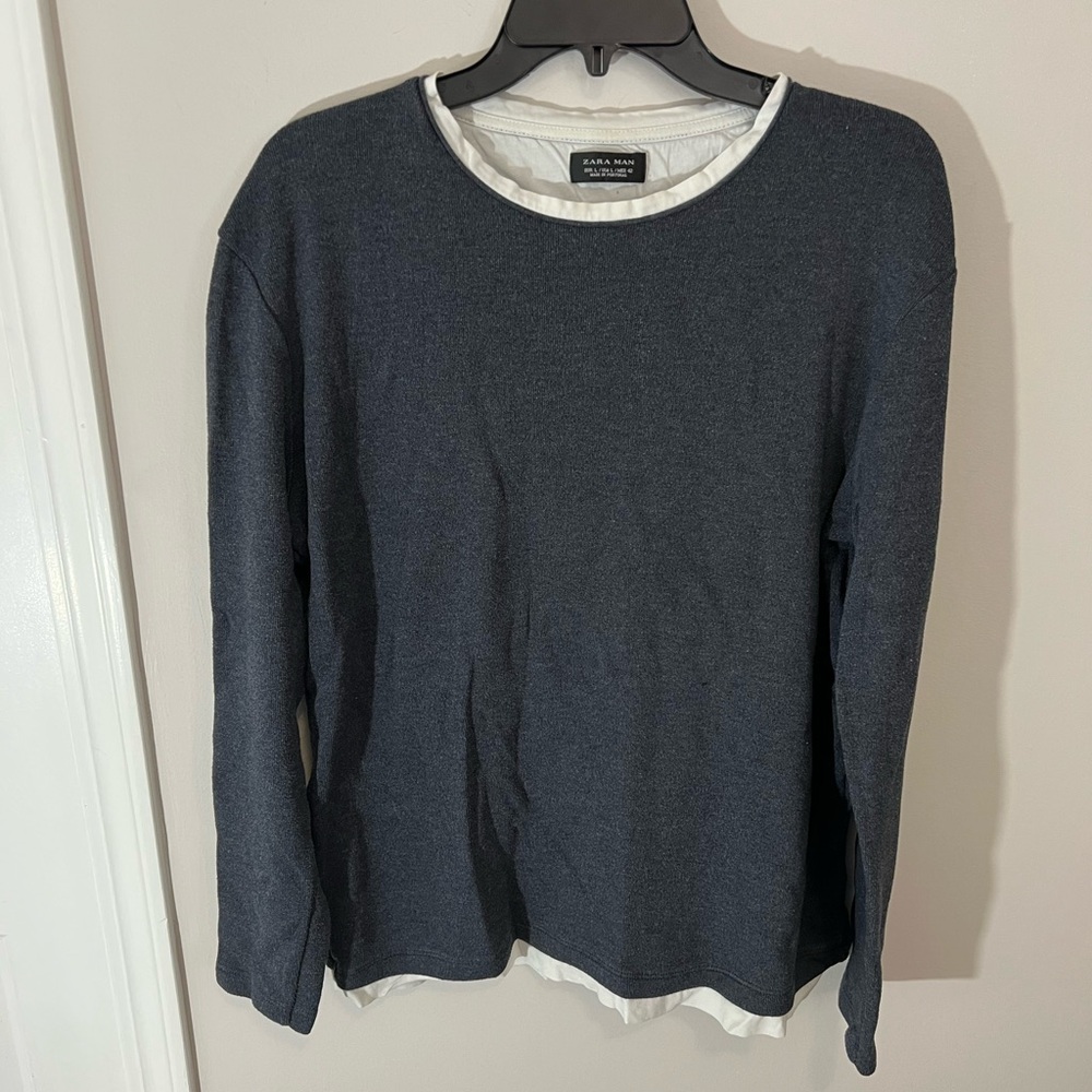 Zara Man Sweater Sz Large Gray Wool Blend Faux Undershirt Preppy Work Classic